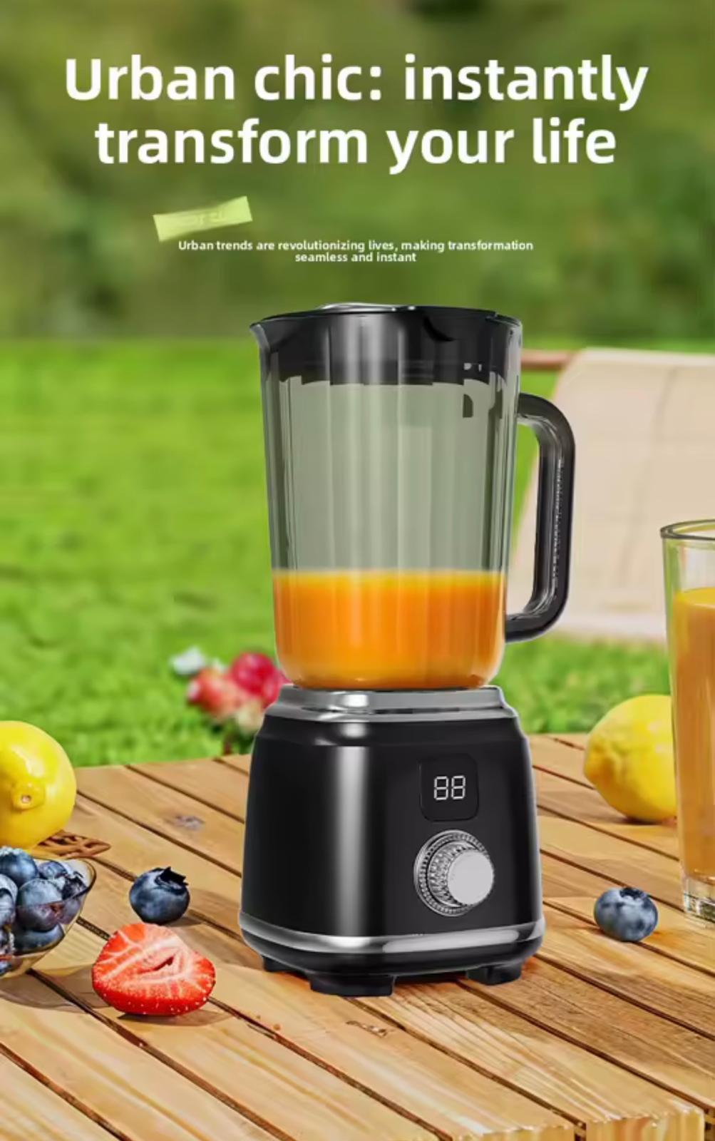 A black countertop blender with a clear pitcher filled with orange juice sits on a wooden table outdoors, with lemons, blueberries, strawberries, and a glass of orange juice around it. Text at the top reads 'Urban chic: instantly transform your life.

