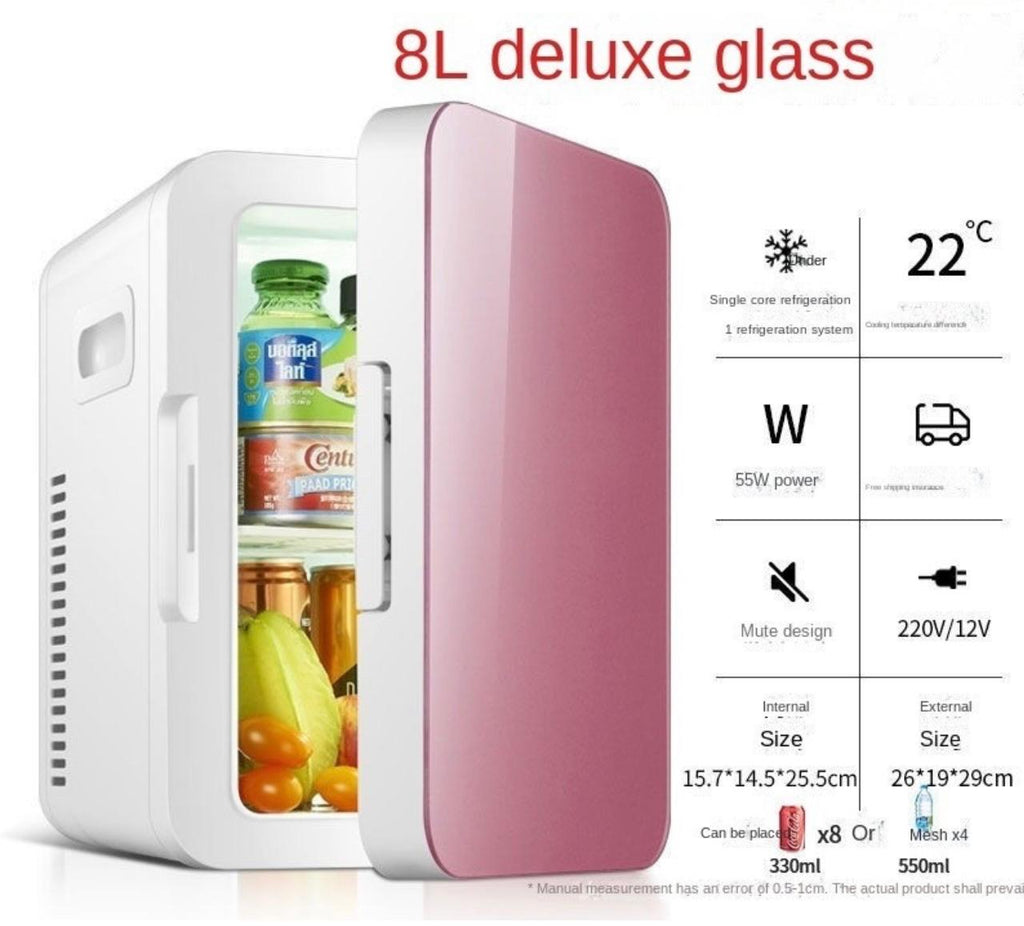 An 8L portable mini refrigerator with a white exterior and a pink glass door panel, shown with beverages inside. The image includes feature callouts and dimensions on the right side.

