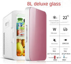 An 8L portable mini refrigerator with a white exterior and a pink glass door panel, shown with beverages inside. The image includes feature callouts and dimensions on the right side.

