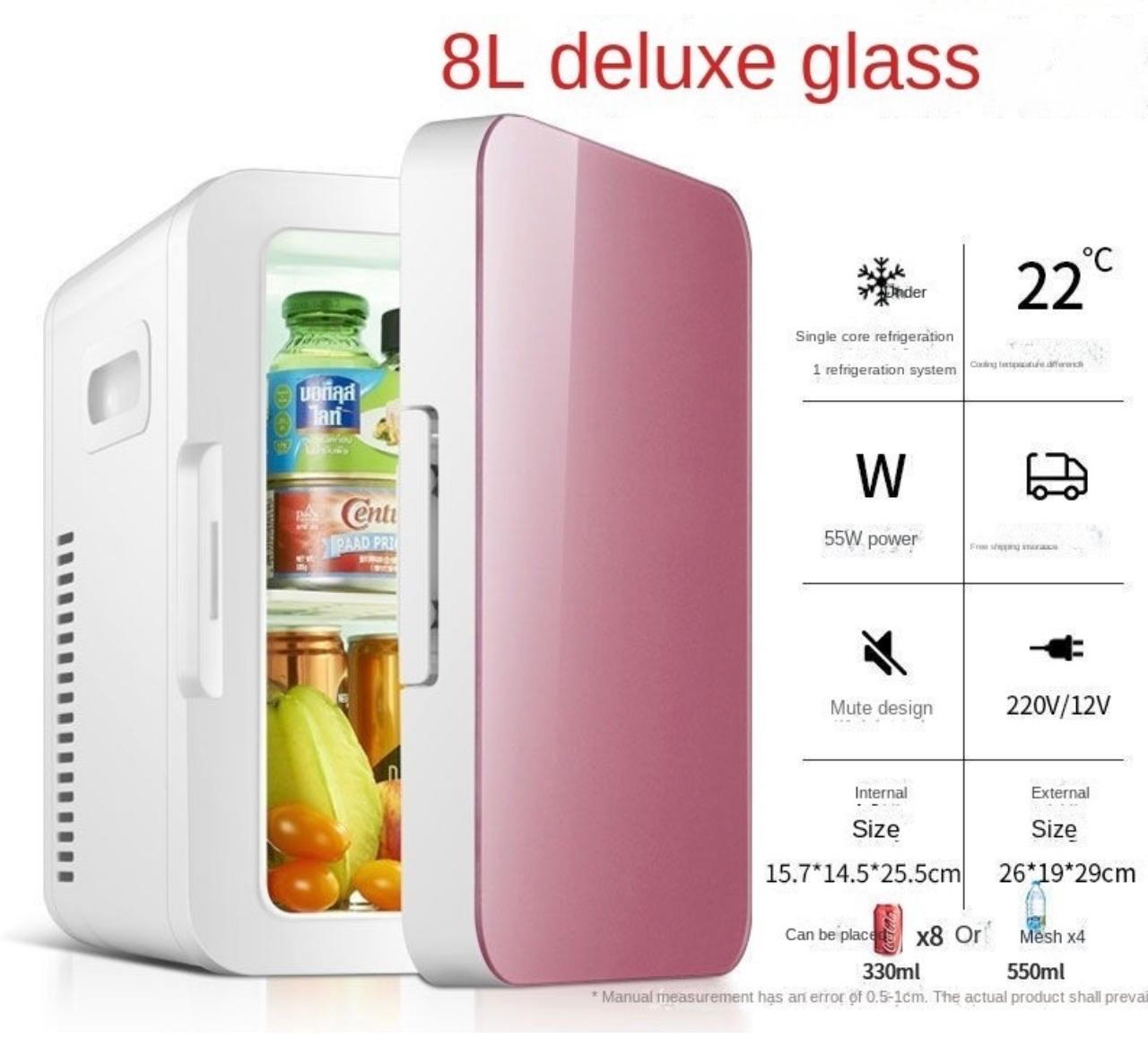 An 8L portable mini refrigerator with a white exterior and a pink glass door panel, shown with beverages inside. The image includes feature callouts and dimensions on the right side.

