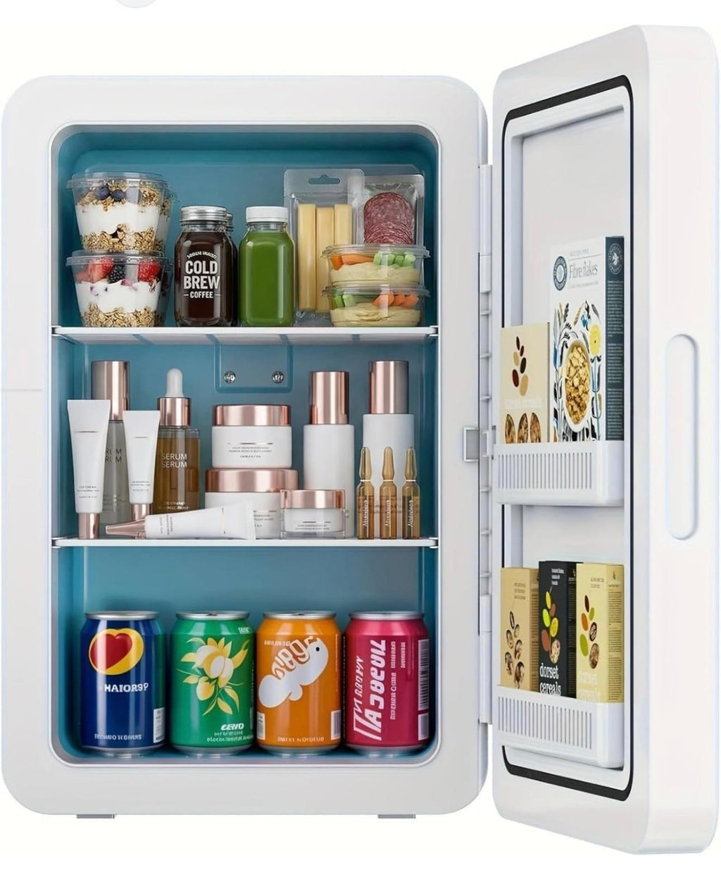 A white mini refrigerator shown open, stocked with assorted beverages, jars, bottles, and packaged goods, against a clean white background.


