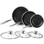 Three black non-stick frying pans with silver metal handles and three matching clear glass lids with silver knobs, arranged on a white background.

