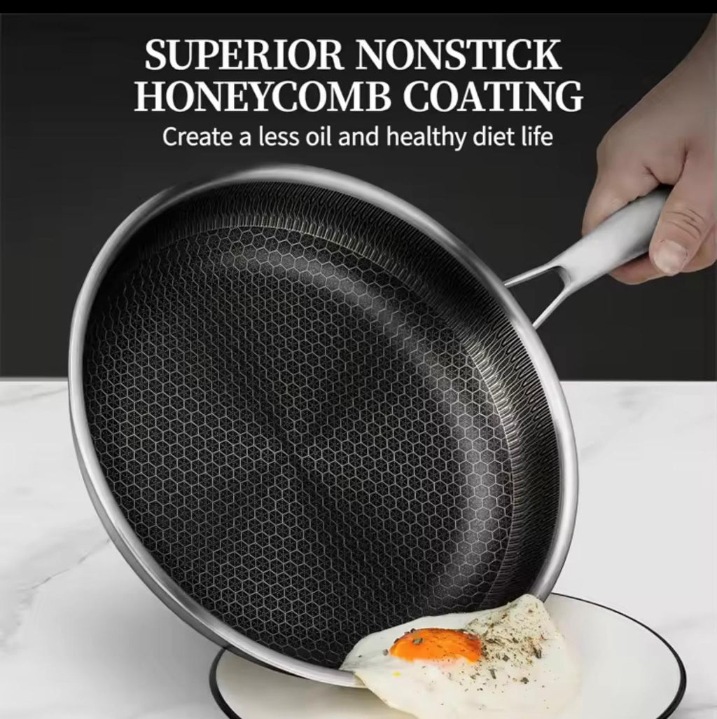 A hand holds a nonstick frying pan over a plate with a fried egg, with text at the top reading 'SUPERIOR NONSTICK HONEYCOMB COATING'.

