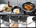 nonstick frying pans on a stovetop and counter