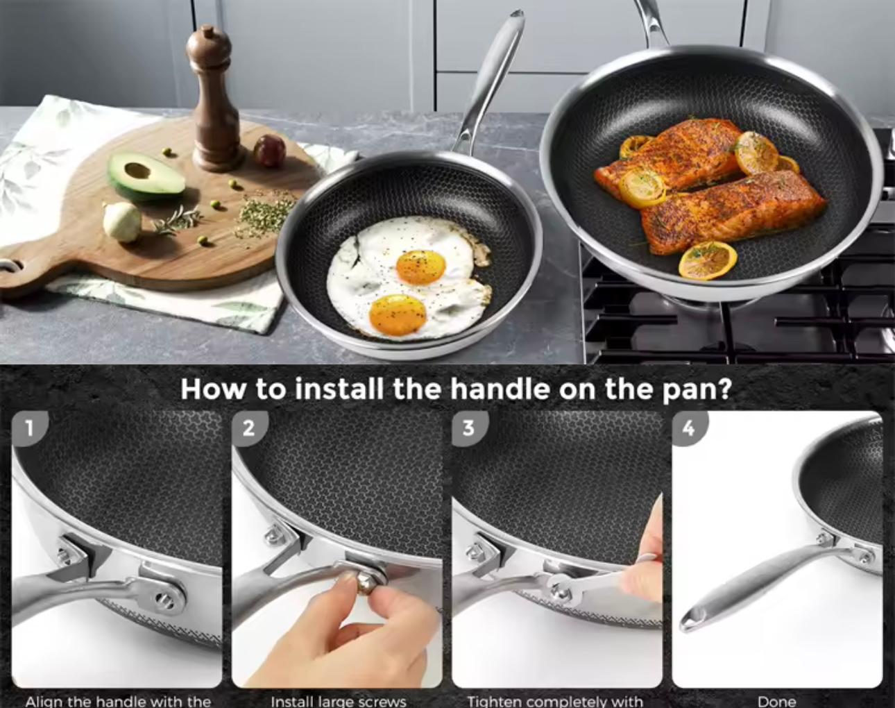 nonstick frying pans on a stovetop and counter