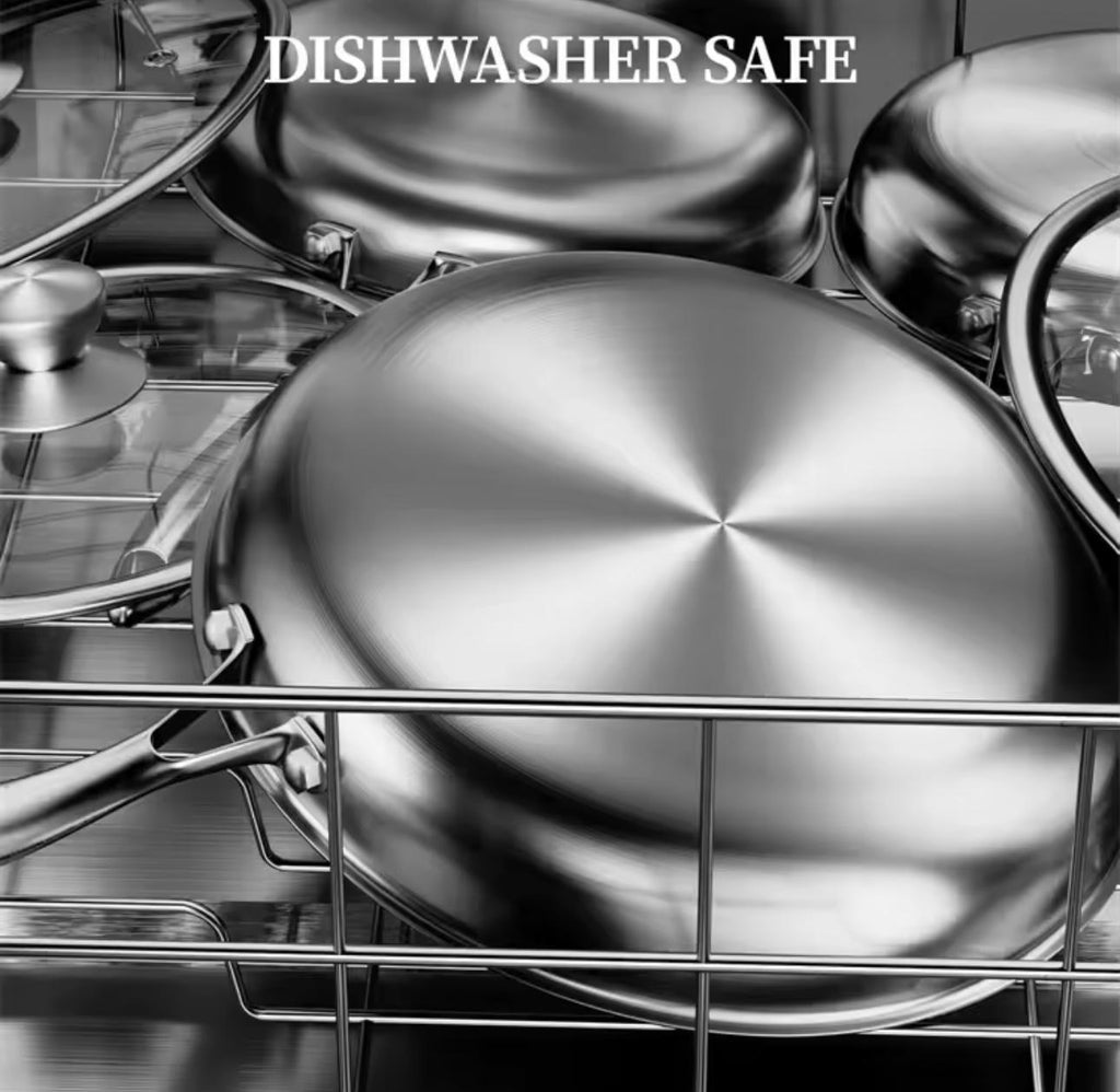 Stainless steel pots and pans in a dishwasher with 'Dishwasher Safe' text.

