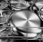 Stainless steel pots and pans in a dishwasher with 'Dishwasher Safe' text.

