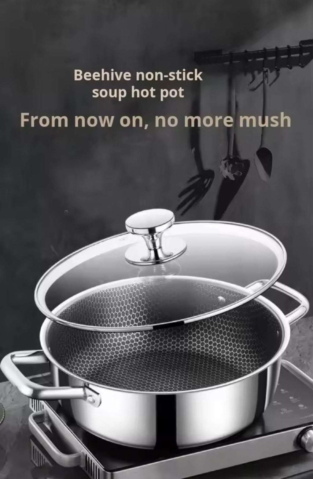A stainless steel soup hot pot with a glass lid and a perforated inner pot, shown on a stovetop against a dark kitchen background with hanging utensils. Text at the top reads 'Beehive non-stick soup hot pot' and 'From now on, no more mush'.

