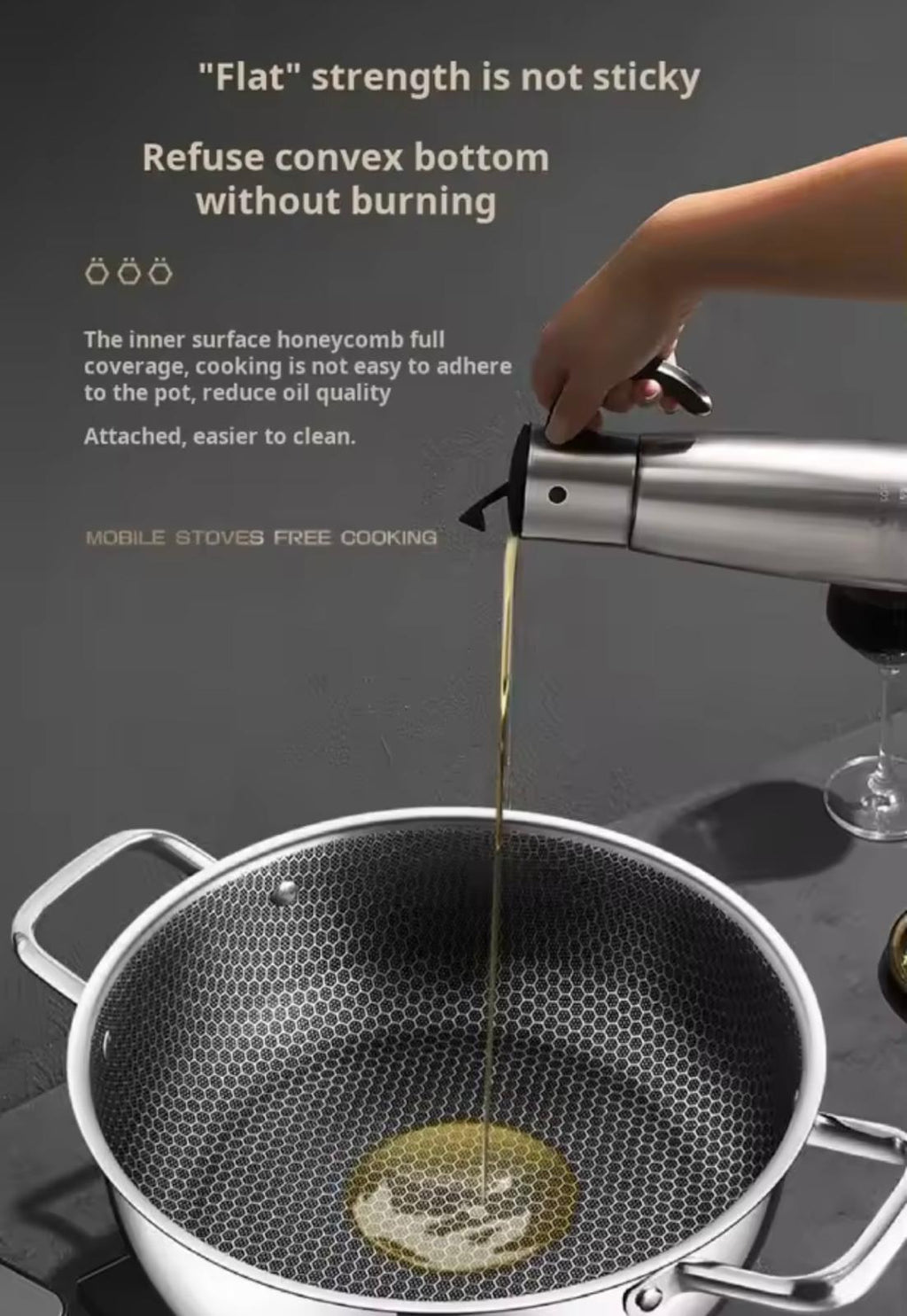 A stainless steel pot with a dark honeycomb