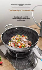 A stainless steel non-stick cooking pot with a honeycomb-textured interior, shown on a stovetop with clams and vegetables cooking inside. Text at the top describes the product as a food grade sus316 stainless steel non-stick cooking pot.

