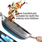 A stainless steel hand-held frying pan with a textured non-stick surface, shown with food flying out above it and a hand holding the handle. Text on the image reads, 'One-handed pot, suitable for both the elderly and children.

