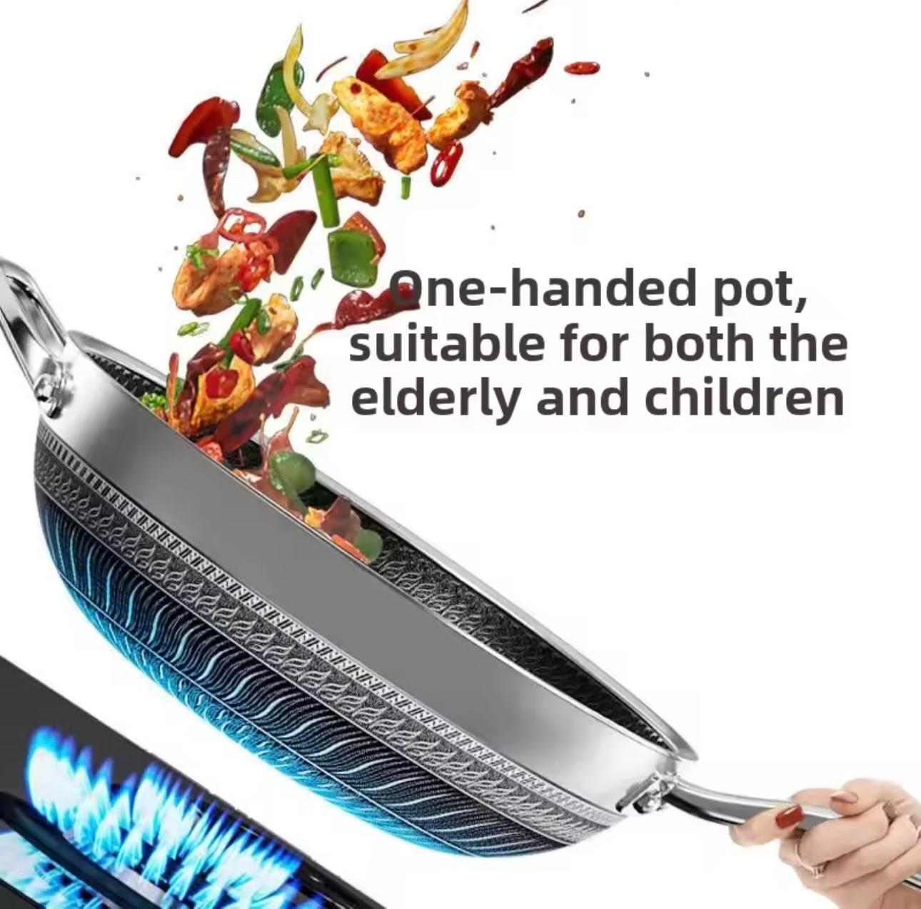 A stainless steel hand-held frying pan with a textured non-stick surface, shown with food flying out above it and a hand holding the handle. Text on the image reads, 'One-handed pot, suitable for both the elderly and children.

