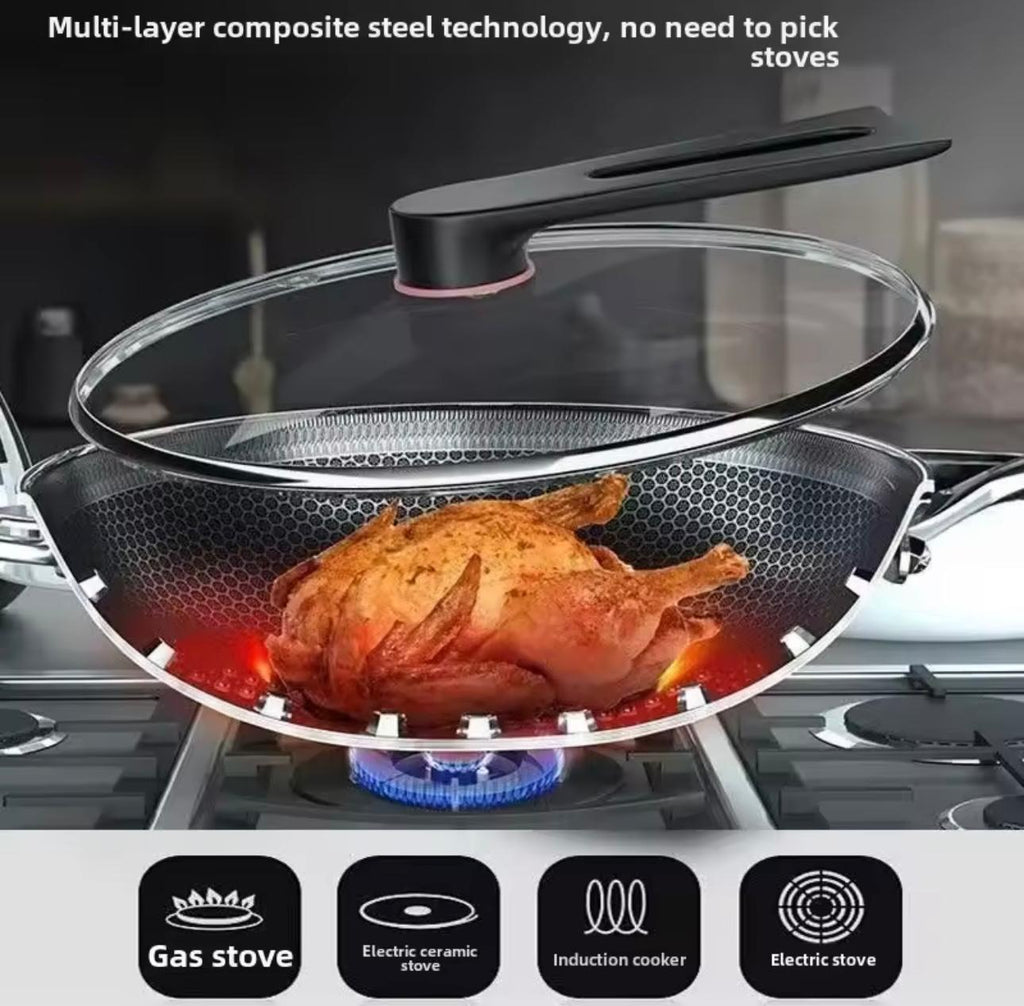 A black non-stick frying pan with a clear glass lid sits on a gas stove burner, with a roasted chicken placed inside the pan. The image includes marketing text at the top and feature icons at the bottom indicating compatibility with gas, electric ceramic, induction, and electric stoves.

