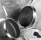 Set of frying pans with non-stick surfaces on a gray surface

