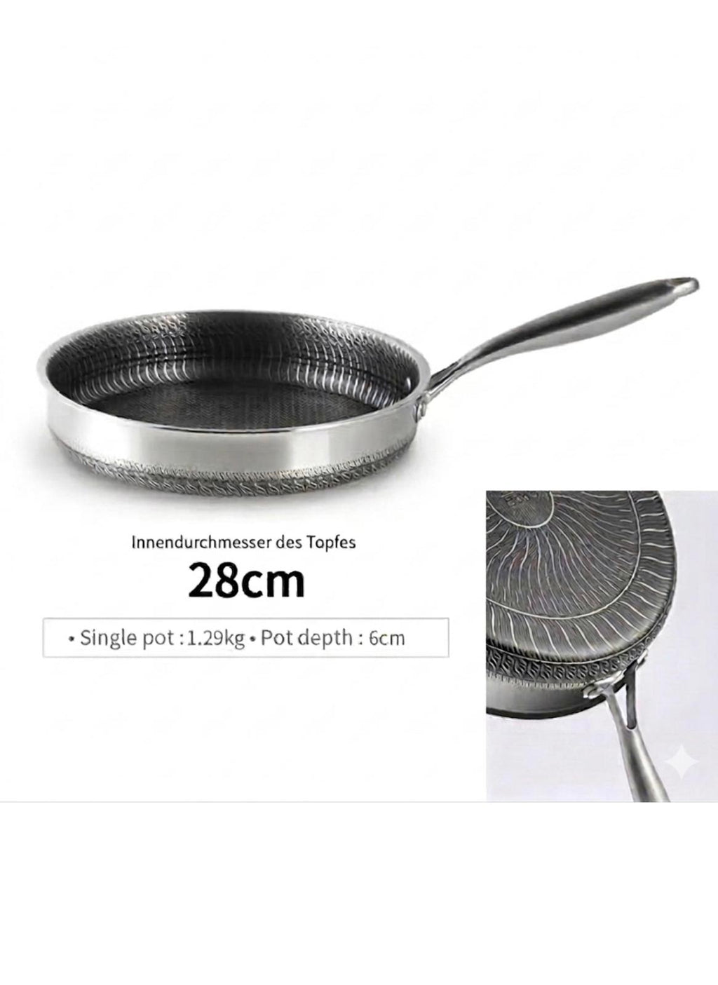A 28cm stainless steel frying pan with a textured, hammered finish on the inside and a smooth exterior, shown on a white background with German text specifications and a small inset detail of the textured pattern.

