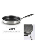 A 28cm stainless steel frying pan with a textured, hammered finish on the inside and a smooth exterior, shown on a white background with German text specifications and a small inset detail of the textured pattern.

