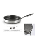 A 26 cm stainless steel frying pan with a textured, hammered finish on the interior and exterior, shown alongside a detail inset of the textured pattern and text specifying its weight and depth.

