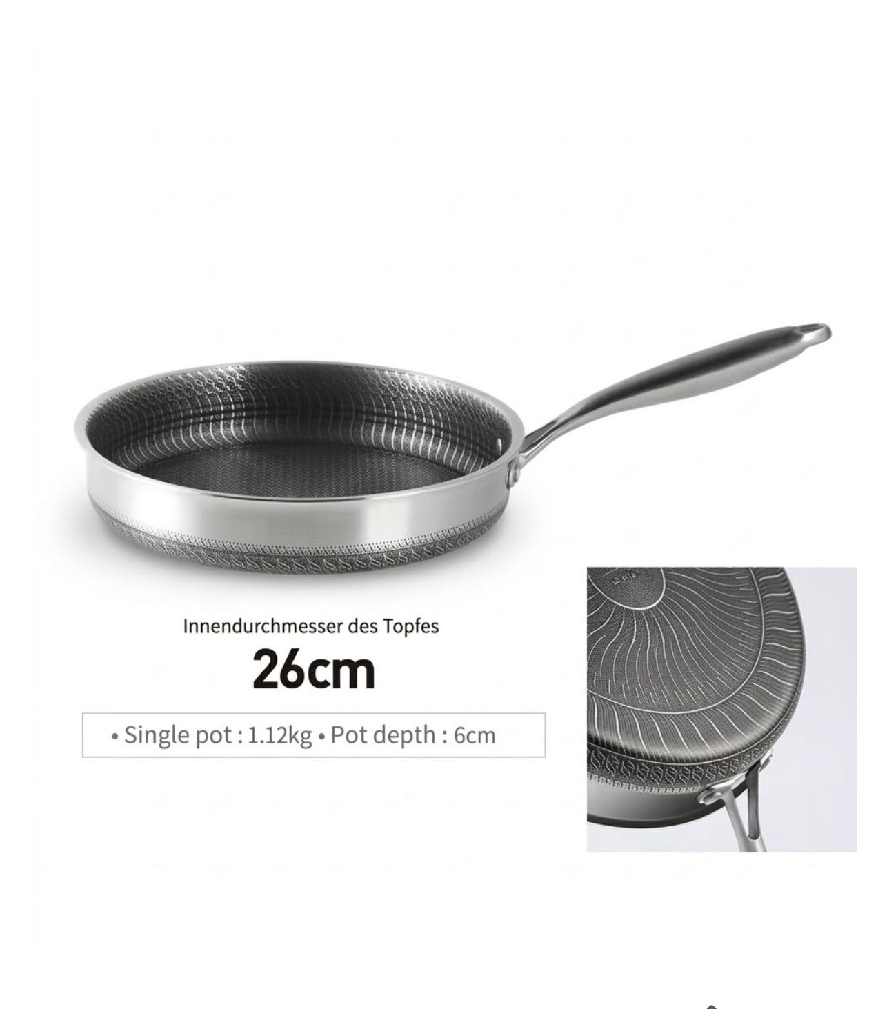 A 26 cm stainless steel frying pan with a textured, hammered finish on the interior and exterior, shown alongside a detail inset of the textured pattern and text specifying its weight and depth.

