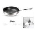 A stainless steel frying pan with a textured non-stick interior, shown on a white background with text indicating 26cm size and a small inset detail of the pot depth.


