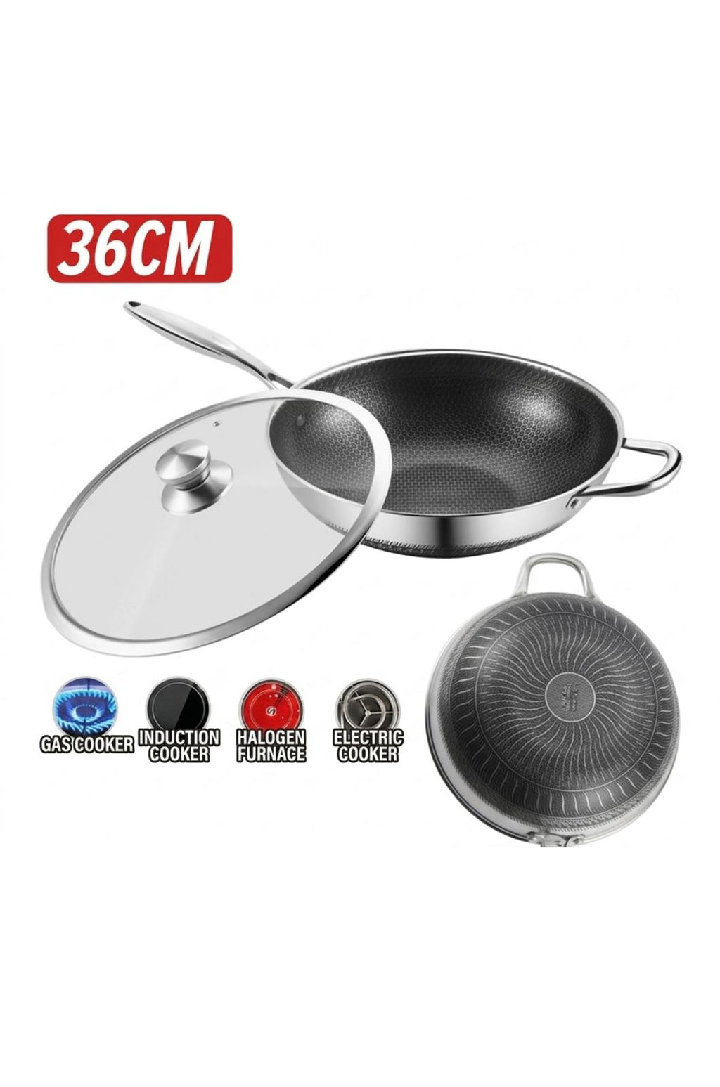 A 36cm stainless steel wok with a glass lid, shown alongside smaller icons indicating compatible cook types: gas, induction, halogen, and electric. The background is solid white.

