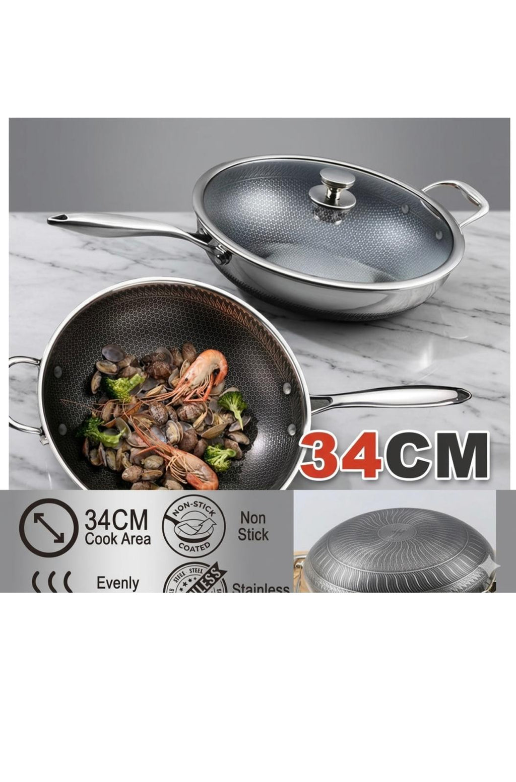 A 34 cm stainless steel wok with a non-stick coating and a matching glass lid, shown on a marble countertop with food cooking inside the wok. The image includes feature icons and a '34CM' size overlay.

