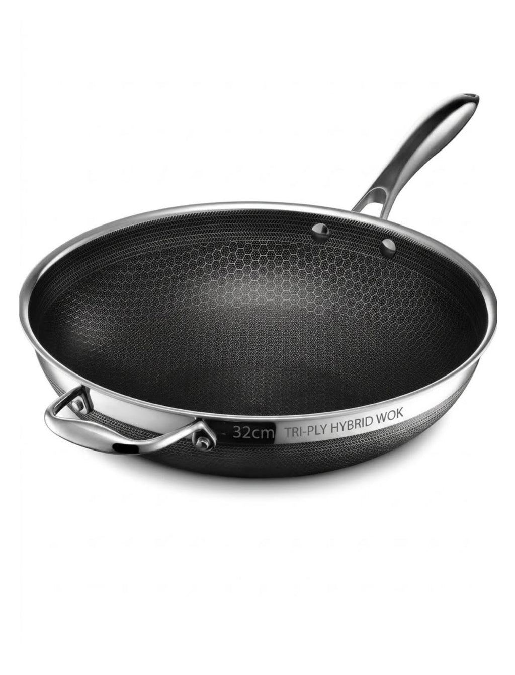 A 32cm tri-ply hybrid wok with a black honeycomb-textured non-stick interior and a silver stainless steel exterior, shown on a clean white background.

