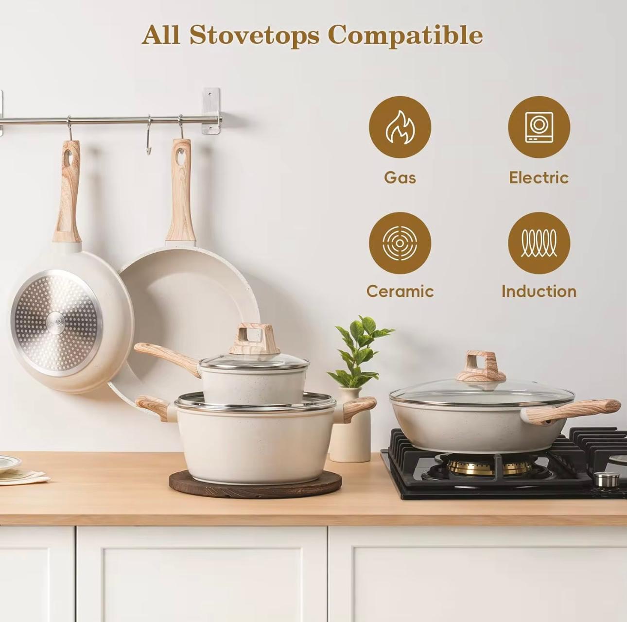 Premium Non-Stick Granite Cookware Set – Pots and Pans with Induction Bottom and Stay-Cool Wood Grain Handles