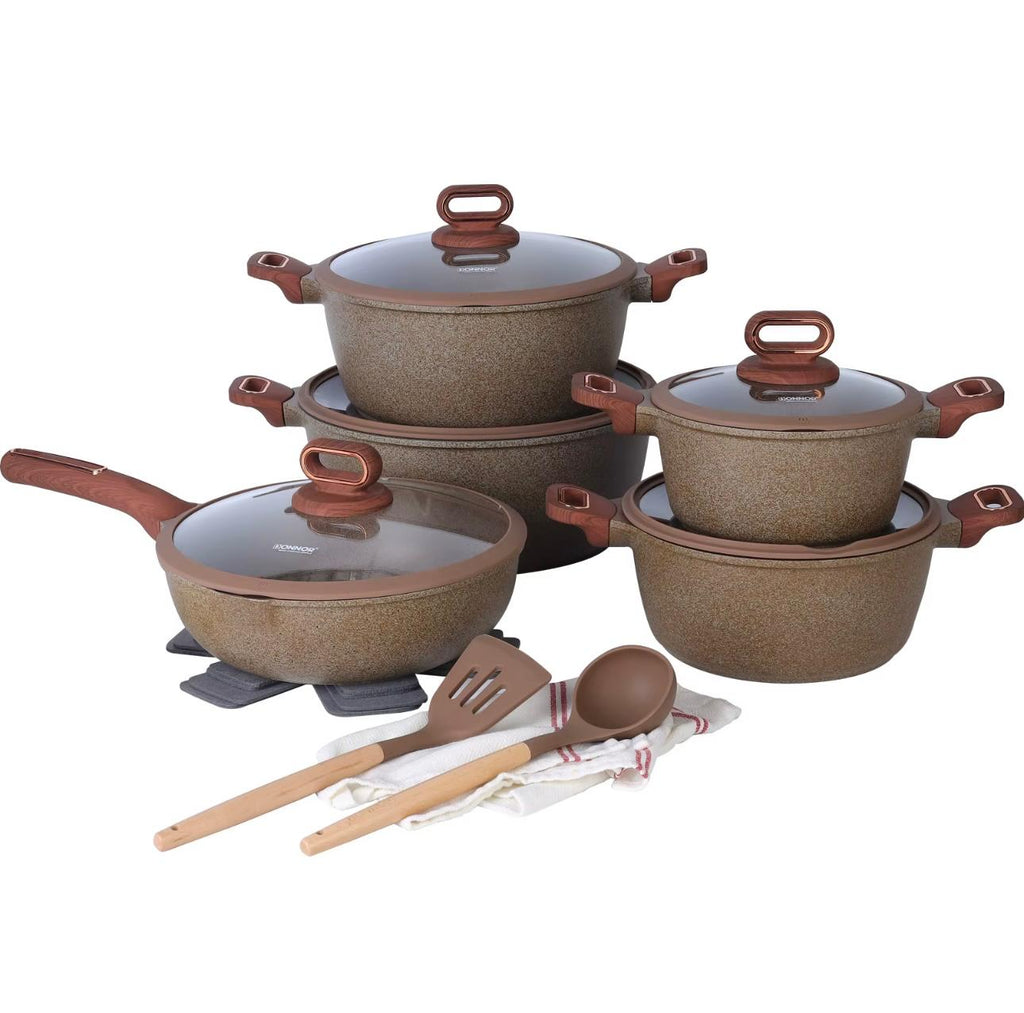Premium Non-Stick Granite Cookware Set – Pots and Pans with Induction Bottom and Stay-Cool Wood Grain Handles