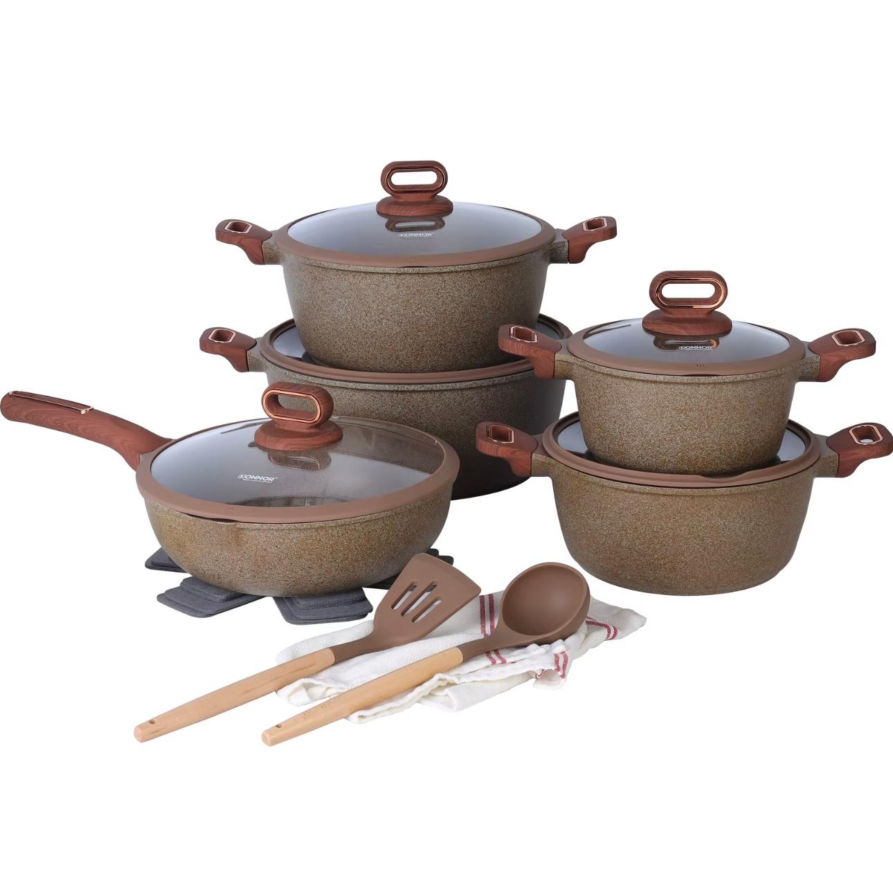 Premium Non-Stick Granite Cookware Set – Pots and Pans with Induction Bottom and Stay-Cool Wood Grain Handles