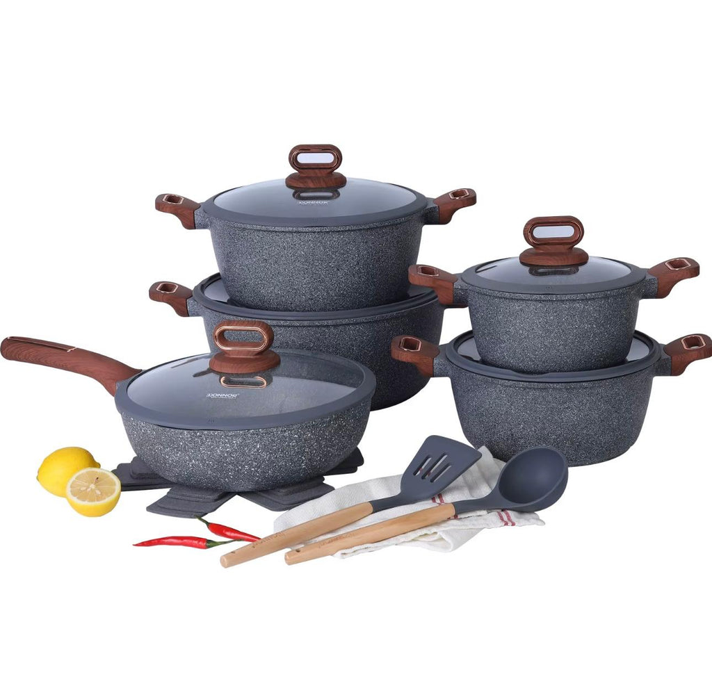 Premium Non-Stick Granite Cookware Set – Pots and Pans with Induction Bottom and Stay-Cool Wood Grain Handles