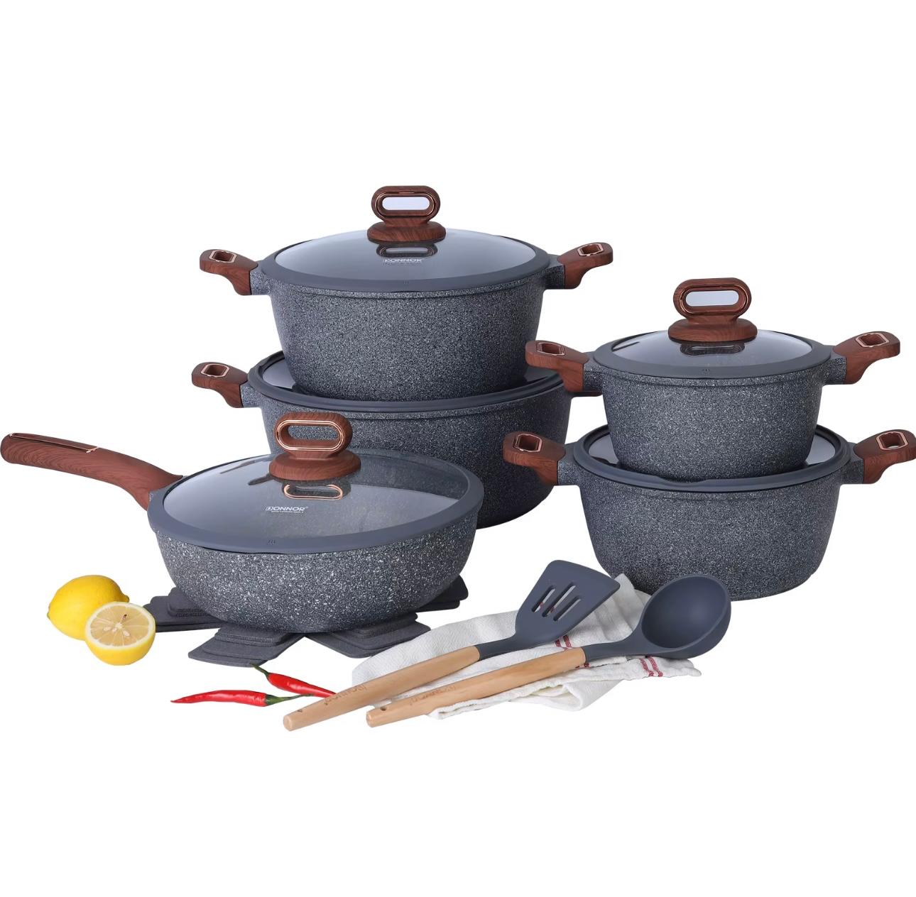 Premium Non-Stick Granite Cookware Set – Pots and Pans with Induction Bottom and Stay-Cool Wood Grain Handles