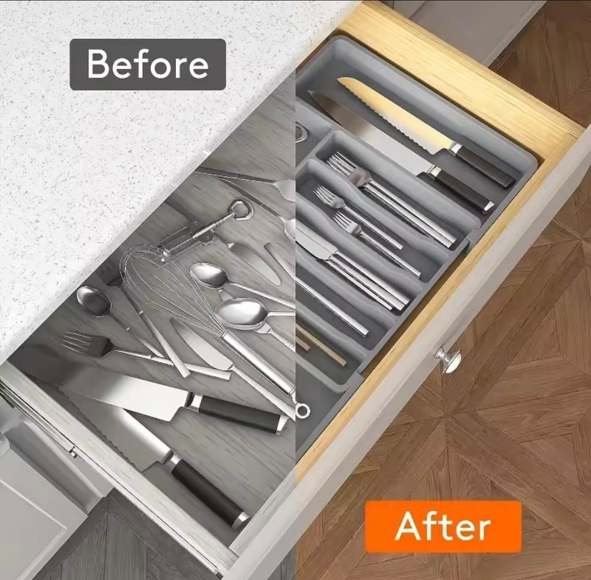 1Pcs Adjustable Organizer – Plastic Multifunctional Drawer Organizer for Kitchen Counter Utensils