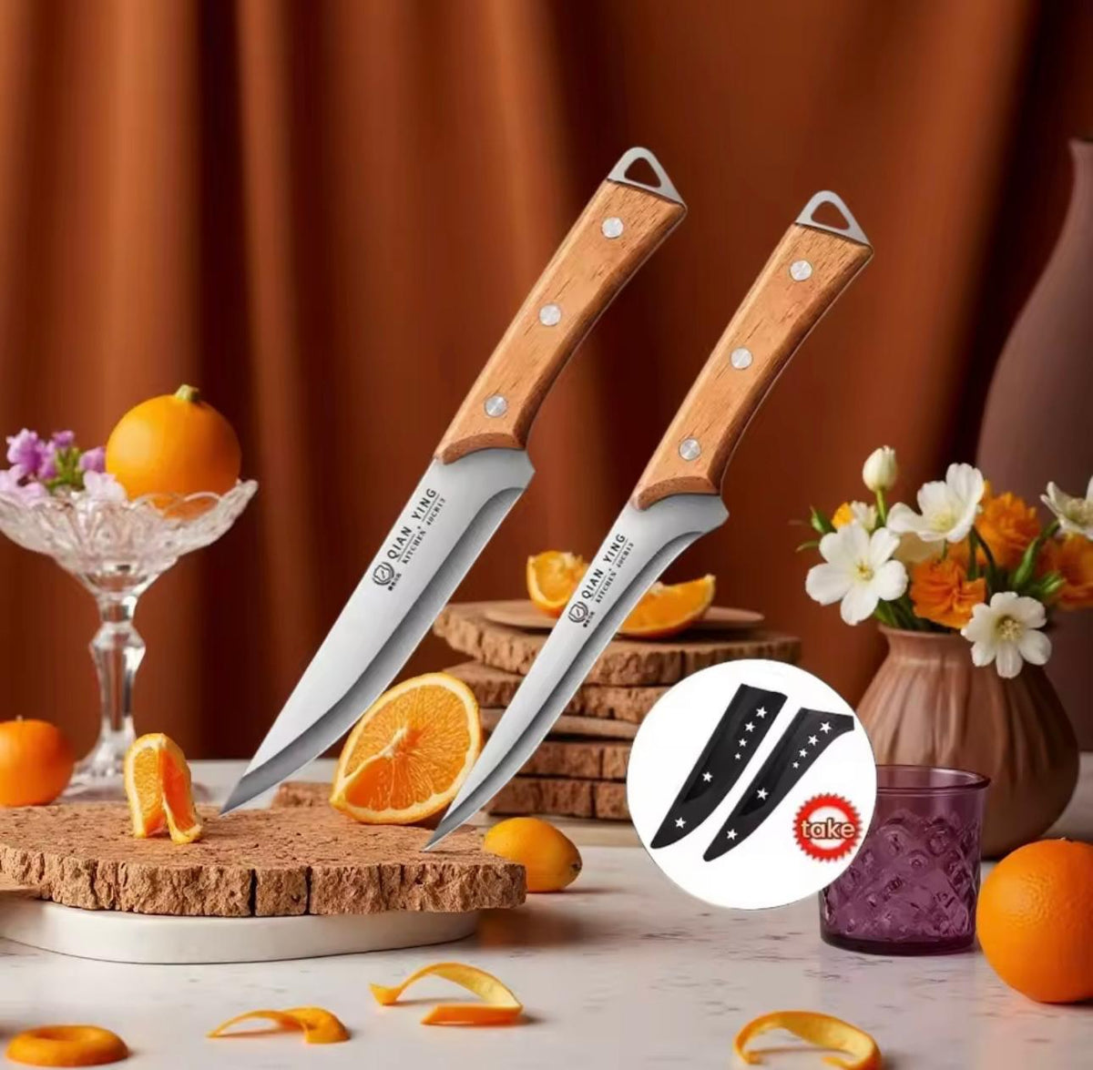 Stainless Steel Fillet Boning Knife  Chef's  Meat Cleaver Fish Slicing Knife with Wooden Handle