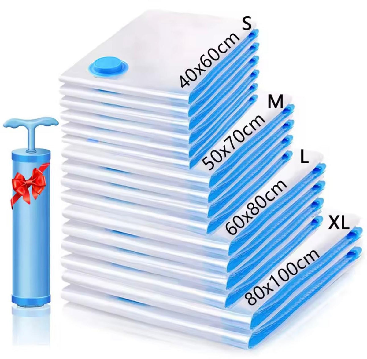 Vacuum Storage Bags Combo Set with Hand Pump, Space Saving Compression Bags for Clothes, Blankets, and Bedding
